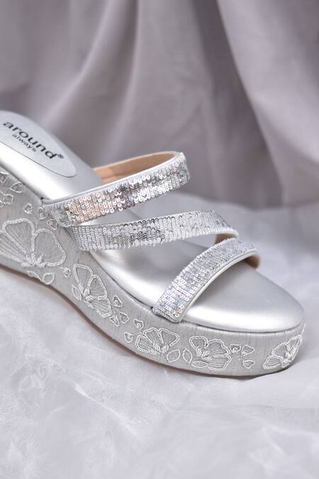 Around Always_Silver Sequins, Embroidery Peonies Designer Wedges _Online_at_Aza_Fashions
