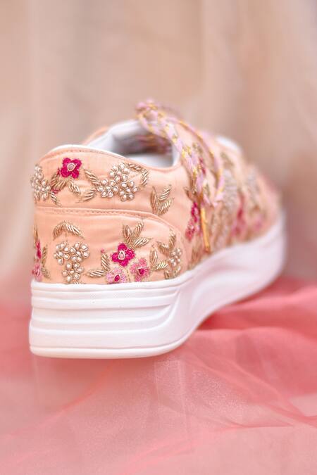 Around Always_Peach Embroidered Shireen Sneakers_Online_at_Aza_Fashions