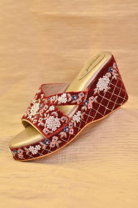 AROUND ALWAYS Maroon Embroidery, Pearls Shireen Wedges 