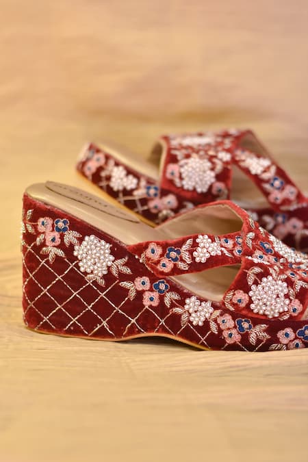 Around Always_Maroon Embroidery, Pearls Shireen Wedges _Online_at_Aza_Fashions