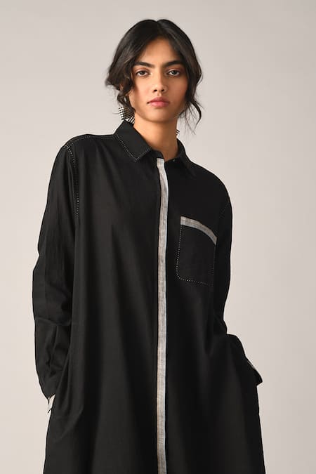 Payal Pratap Black Handloom Cotton Collared Grandiflora Front Open Tunic Online at Aza Fashions Payal Pratap_Black Handloom Cotton Collared Grandiflora Front Open Tunic _Online_at_Aza_Fashions