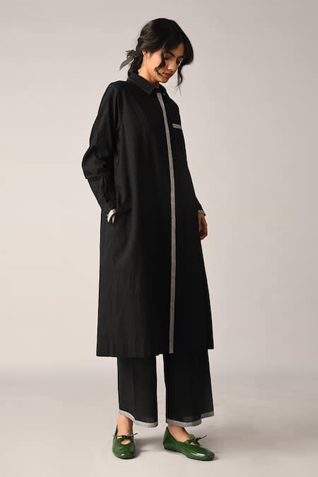 Shop Payal Pratap Black Handloom Cotton Collared Grandiflora Front Open Tunic Online at Aza Fashions Shop_Payal Pratap_Black Handloom Cotton Collared Grandiflora Front Open Tunic _Online_at_Aza_Fashions