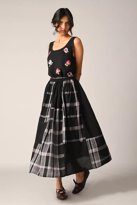 Shop Payal Pratap Black Handloom Cotton Embroidery Coziae Patchwork Long Skirt Online at Aza Fashions Shop_Payal Pratap_Black Handloom Cotton Embroidery Coziae Patchwork Long Skirt _Online_at_Aza_Fashions