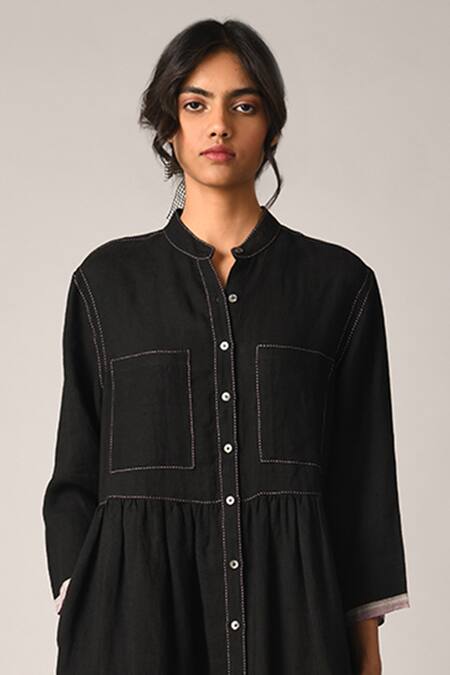 Payal Pratap Black Handloom Cotton Embroidery Collared Bella Applique Dress Online at Aza Fashions Payal Pratap_Black Handloom Cotton Embroidery Collared Bella Applique Dress _Online_at_Aza_Fashions