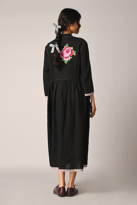 Shop Payal Pratap Black Handloom Cotton Embroidery Collared Bella Applique Dress at Aza Fashions Shop_Payal Pratap_Black Handloom Cotton Embroidery Collared Bella Applique Dress _at_Aza_Fashions