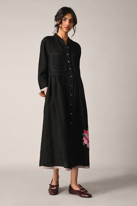 Buy Payal Pratap Black Handloom Cotton Embroidery Collared Bella Applique Dress Online at Aza Fashions Buy_Payal Pratap_Black Handloom Cotton Embroidery Collared Bella Applique Dress _Online_at_Aza_Fashions