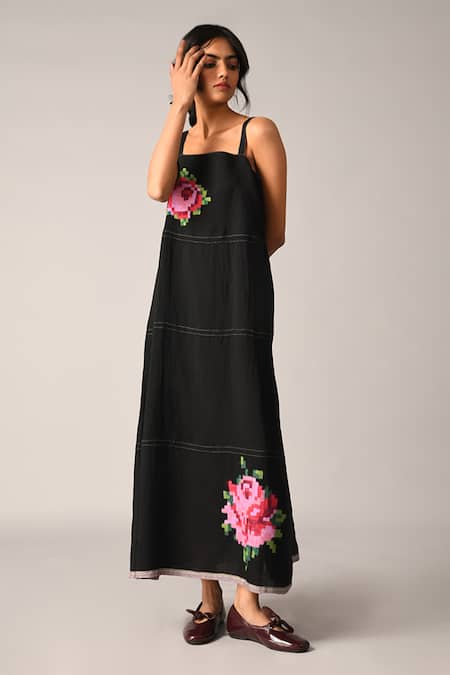 Buy Payal Pratap Black Linen Embroidery Square Neck Hulthemia Strap Maxi Dress Online at Aza Fashions Buy_Payal Pratap_Black Linen Embroidery Square Neck Hulthemia Strap Maxi Dress _Online_at_Aza_Fashions