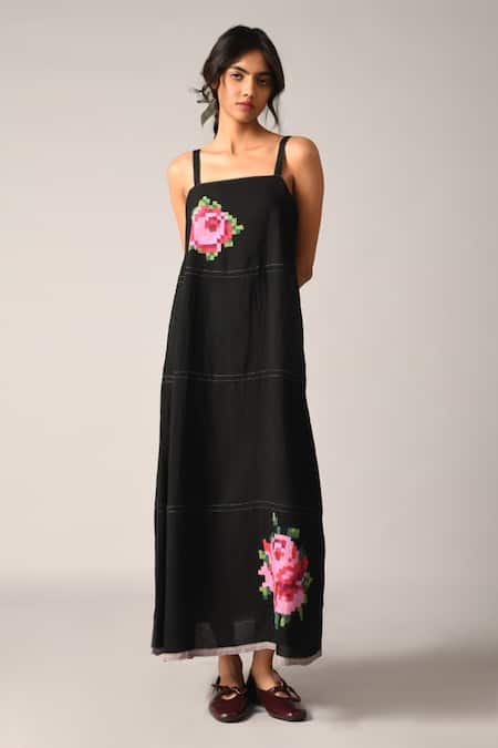 Payal Pratap Black Linen Embroidery Square Neck Hulthemia Strap Maxi Dress 