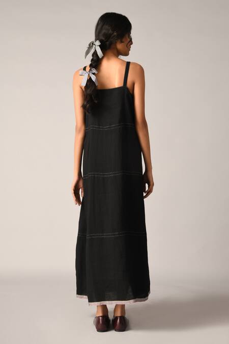 Shop Payal Pratap Black Linen Embroidery Square Neck Hulthemia Strap Maxi Dress at Aza Fashions Shop_Payal Pratap_Black Linen Embroidery Square Neck Hulthemia Strap Maxi Dress _at_Aza_Fashions