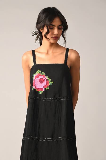 Shop Payal Pratap Black Linen Embroidery Square Neck Hulthemia Strap Maxi Dress Online at Aza Fashions Shop_Payal Pratap_Black Linen Embroidery Square Neck Hulthemia Strap Maxi Dress _Online_at_Aza_Fashions