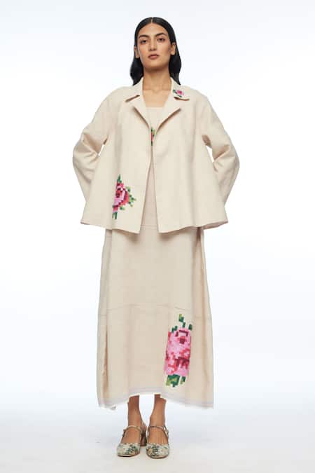 Shop Payal Pratap Beige Handloom Cotton Embroidery Collared Alba Lapel Jacket Online at Aza Fashions Shop_Payal Pratap_Beige Handloom Cotton Embroidery Collared Alba Lapel Jacket _Online_at_Aza_Fashions