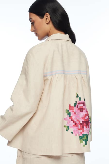 Shop Payal Pratap Beige Handloom Cotton Embroidery Collared Alba Lapel Jacket at Aza Fashions Shop_Payal Pratap_Beige Handloom Cotton Embroidery Collared Alba Lapel Jacket _at_Aza_Fashions