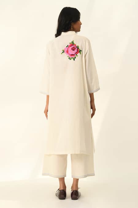 Shop Payal Pratap Ivory Handloom Cotton Embroidery Split V-neck Tunic And Pant Set at Aza Fashions Shop_Payal Pratap_Ivory Handloom Cotton Embroidery Split V-neck Tunic And Pant Set _at_Aza_Fashions