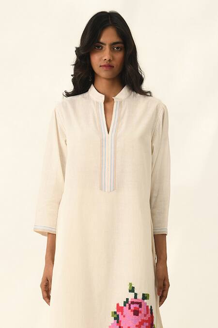 Shop Payal Pratap Ivory Handloom Cotton Embroidery Split V-neck Tunic And Pant Set Online at Aza Fashions Shop_Payal Pratap_Ivory Handloom Cotton Embroidery Split V-neck Tunic And Pant Set _Online_at_Aza_Fashions