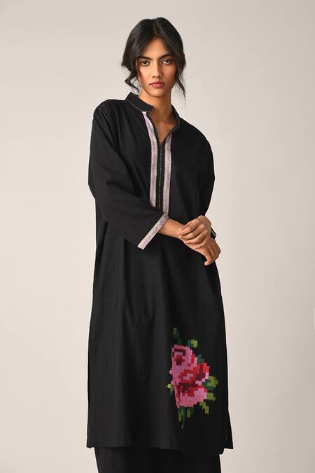 Buy Payal Pratap Black Handloom Cotton Embroidery Split V-neck Tunic And Pant Set Online at Aza Fashions Buy_Payal Pratap_Black Handloom Cotton Embroidery Split V-neck Tunic And Pant Set _Online_at_Aza_Fashions
