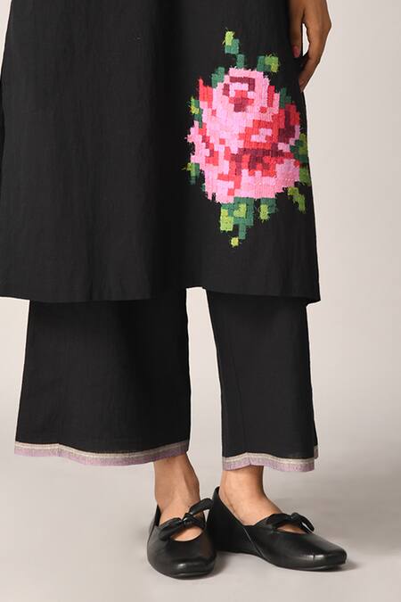Shop Payal Pratap Black Handloom Cotton Embroidery Split V-neck Tunic And Pant Set Online at Aza Fashions Shop_Payal Pratap_Black Handloom Cotton Embroidery Split V-neck Tunic And Pant Set _Online_at_Aza_Fashions