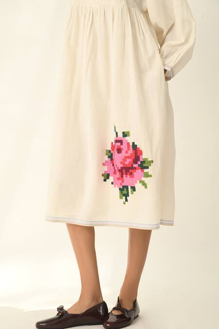 Payal Pratap Ivory Handloom Cotton Embroidery Round Neck Pleated Yoke Midi Dress Online at Aza Fashions Payal Pratap_Ivory Handloom Cotton Embroidery Round Neck Pleated Yoke Midi Dress _Online_at_Aza_Fashions