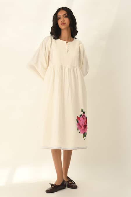 Payal Pratap Ivory Handloom Cotton Embroidery Round Neck Pleated Yoke Midi Dress 