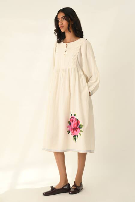 Buy Payal Pratap Ivory Handloom Cotton Embroidery Round Neck Pleated Yoke Midi Dress Online at Aza Fashions Buy_Payal Pratap_Ivory Handloom Cotton Embroidery Round Neck Pleated Yoke Midi Dress _Online_at_Aza_Fashions