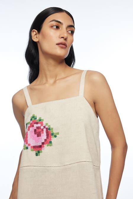 Buy Payal Pratap Beige Linen Embroidery Square Neck Hulthemia Strap Dress Online at Aza Fashions Buy_Payal Pratap_Beige Linen Embroidery Square Neck Hulthemia Strap Dress _Online_at_Aza_Fashions