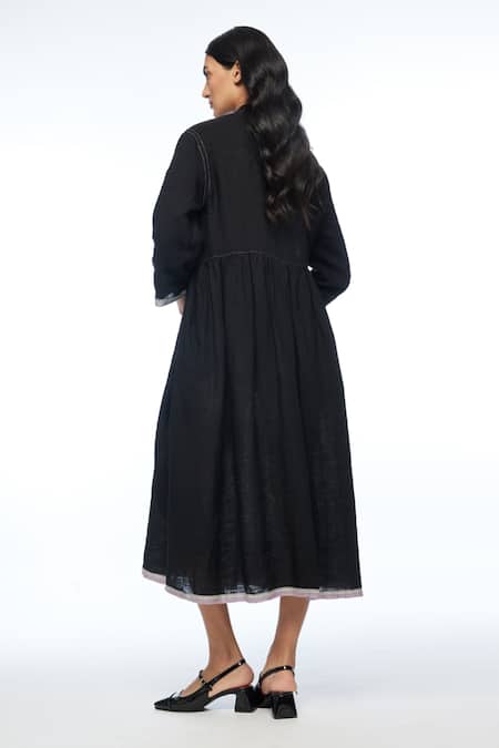 Shop Payal Pratap Black Linen Mandarin Collar Bella Two Pocket Dress at Aza Fashions Shop_Payal Pratap_Black Linen Mandarin Collar Bella Two Pocket Dress _at_Aza_Fashions