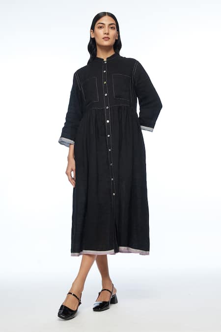 Payal Pratap Black Linen Mandarin Collar Bella Two Pocket Dress 
