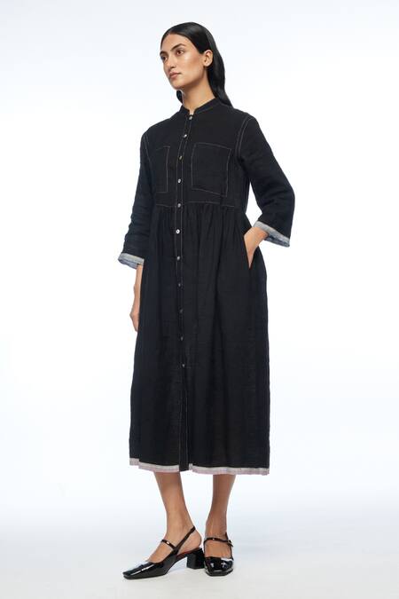 Payal Pratap Black Linen Mandarin Collar Bella Two Pocket Dress Online at Aza Fashions Payal Pratap_Black Linen Mandarin Collar Bella Two Pocket Dress _Online_at_Aza_Fashions