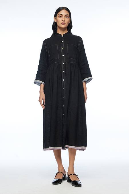 Buy Payal Pratap Black Linen Mandarin Collar Bella Two Pocket Dress Online at Aza Fashions Buy_Payal Pratap_Black Linen Mandarin Collar Bella Two Pocket Dress _Online_at_Aza_Fashions