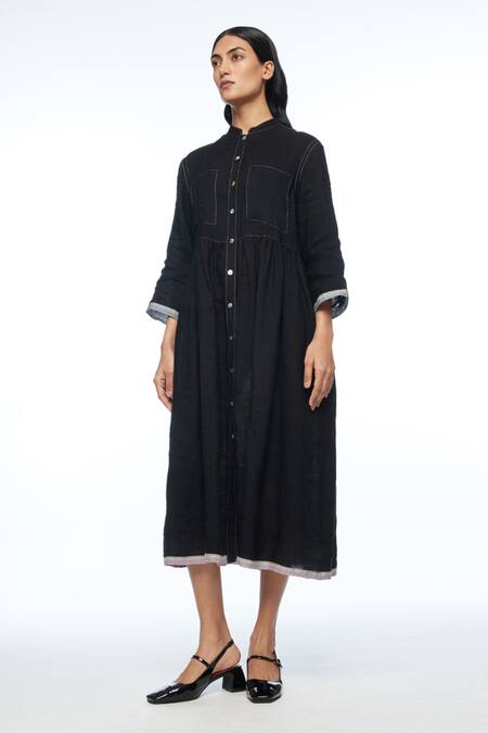 Shop Payal Pratap Black Linen Mandarin Collar Bella Two Pocket Dress Online at Aza Fashions Shop_Payal Pratap_Black Linen Mandarin Collar Bella Two Pocket Dress _Online_at_Aza_Fashions