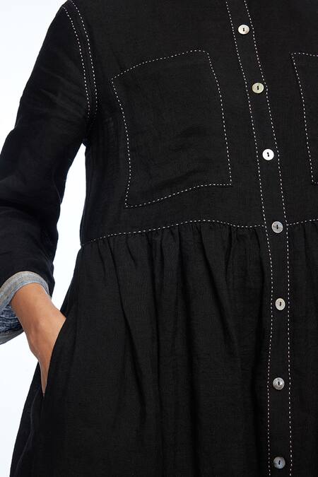 Payal Pratap Black Linen Mandarin Collar Bella Two Pocket Dress at Aza Fashions Payal Pratap_Black Linen Mandarin Collar Bella Two Pocket Dress _at_Aza_Fashions