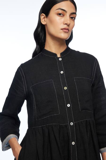 Buy Payal Pratap Black Linen Mandarin Collar Bella Two Pocket Dress Buy_Payal Pratap_Black Linen Mandarin Collar Bella Two Pocket Dress