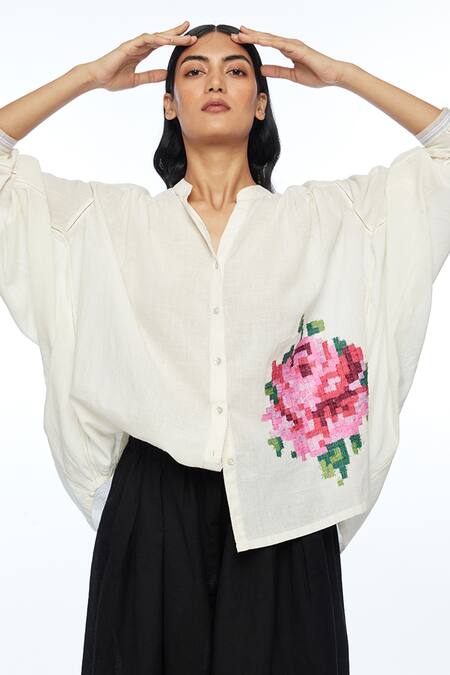 Shop Payal Pratap Ivory Handloom Cotton Embroidery Collared Floribunda Oversized Shirt Online at Aza Fashions Shop_Payal Pratap_Ivory Handloom Cotton Embroidery Collared Floribunda Oversized Shirt _Online_at_Aza_Fashions
