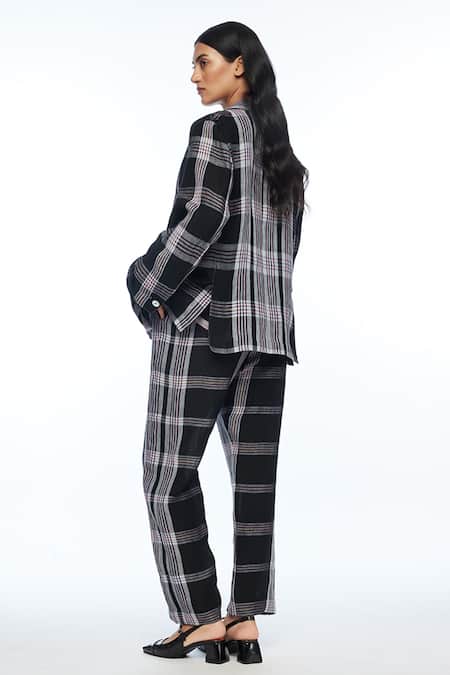 Shop Payal Pratap Black Linen Open Neck Calantha Check Jacket at Aza Fashions Shop_Payal Pratap_Black Linen Open Neck Calantha Check Jacket _at_Aza_Fashions