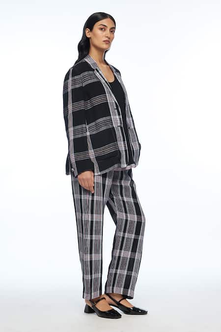 Payal Pratap Black Linen Open Neck Calantha Check Jacket Online at Aza Fashions Payal Pratap_Black Linen Open Neck Calantha Check Jacket _Online_at_Aza_Fashions