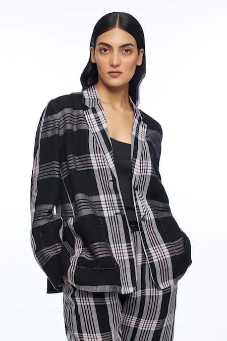 Buy Payal Pratap Black Linen Open Neck Calantha Check Jacket Online at Aza Fashions Buy_Payal Pratap_Black Linen Open Neck Calantha Check Jacket _Online_at_Aza_Fashions