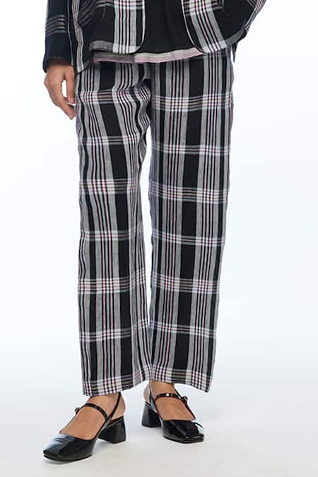 Shop Payal Pratap Black Linen Open Neck Calantha Check Jacket Online at Aza Fashions Shop_Payal Pratap_Black Linen Open Neck Calantha Check Jacket _Online_at_Aza_Fashions