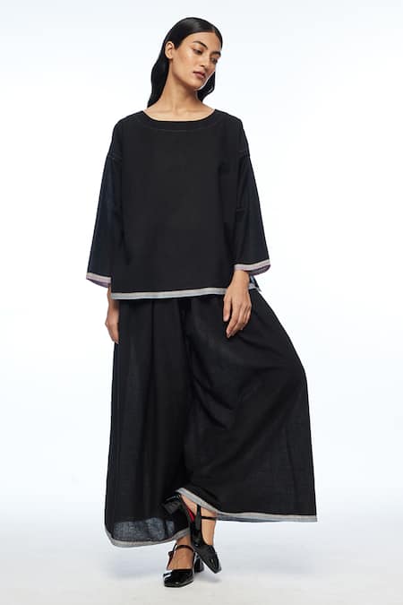 Payal Pratap Black Handloom Cotton Belsamica Wide Leg Pant 