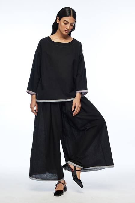 Shop Payal Pratap Black Handloom Cotton Belsamica Wide Leg Pant Online at Aza Fashions Shop_Payal Pratap_Black Handloom Cotton Belsamica Wide Leg Pant _Online_at_Aza_Fashions