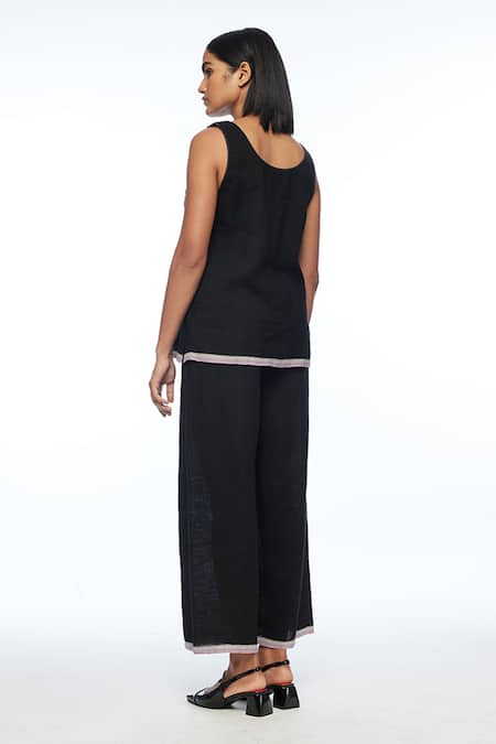 Shop Payal Pratap Black Handloom Cotton, Linen Embroidery Round Neck Bugensis Floral Camisole Top at Aza Fashions Shop_Payal Pratap_Black Handloom Cotton, Linen Embroidery Round Neck Bugensis Floral Camisole Top _at_Aza_Fashions
