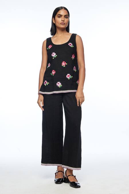Payal Pratap Black Handloom Cotton, Linen Embroidery Round Neck Bugensis Floral Camisole Top Online at Aza Fashions Payal Pratap_Black Handloom Cotton, Linen Embroidery Round Neck Bugensis Floral Camisole Top _Online_at_Aza_Fashions