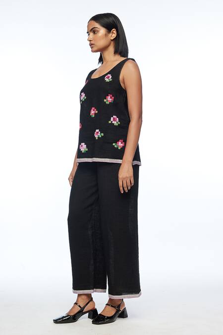 Buy Payal Pratap Black Handloom Cotton, Linen Embroidery Round Neck Bugensis Floral Camisole Top Online at Aza Fashions Buy_Payal Pratap_Black Handloom Cotton, Linen Embroidery Round Neck Bugensis Floral Camisole Top _Online_at_Aza_Fashions