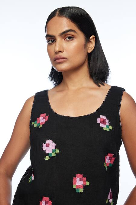 Shop Payal Pratap Black Handloom Cotton, Linen Embroidery Round Neck Bugensis Floral Camisole Top Online at Aza Fashions Shop_Payal Pratap_Black Handloom Cotton, Linen Embroidery Round Neck Bugensis Floral Camisole Top _Online_at_Aza_Fashions