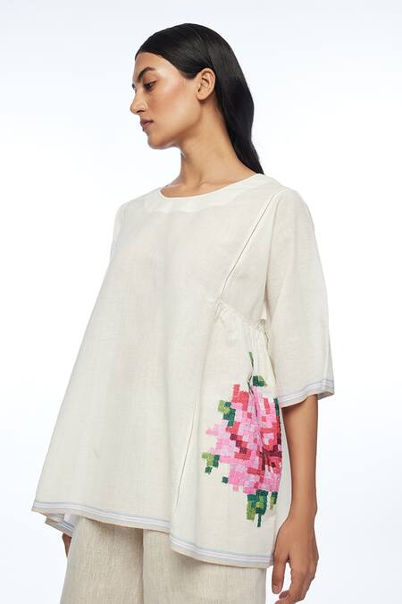 Payal Pratap Ivory Handloom Cotton Embroidery Round Neck Carolinae Top at Aza Fashions Payal Pratap_Ivory Handloom Cotton Embroidery Round Neck Carolinae Top _at_Aza_Fashions