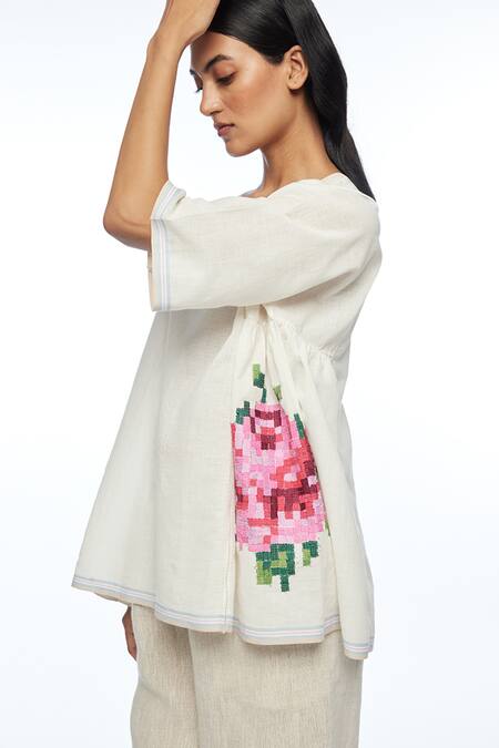 Buy Payal Pratap Ivory Handloom Cotton Embroidery Round Neck Carolinae Top Buy_Payal Pratap_Ivory Handloom Cotton Embroidery Round Neck Carolinae Top