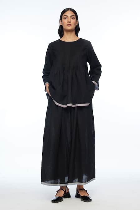 Payal Pratap Black Handloom Cotton Embroidery Round Neck Damascena Pleated Top 