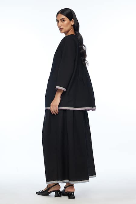 Shop Payal Pratap Black Handloom Cotton Embroidery Round Neck Damascena Pleated Top at Aza Fashions Shop_Payal Pratap_Black Handloom Cotton Embroidery Round Neck Damascena Pleated Top _at_Aza_Fashions