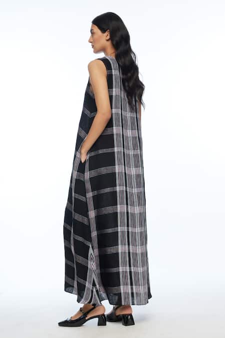 Shop Payal Pratap Black Linen V-neck Handloom Maxi Dress at Aza Fashions Shop_Payal Pratap_Black Linen V-neck Handloom Maxi Dress _at_Aza_Fashions