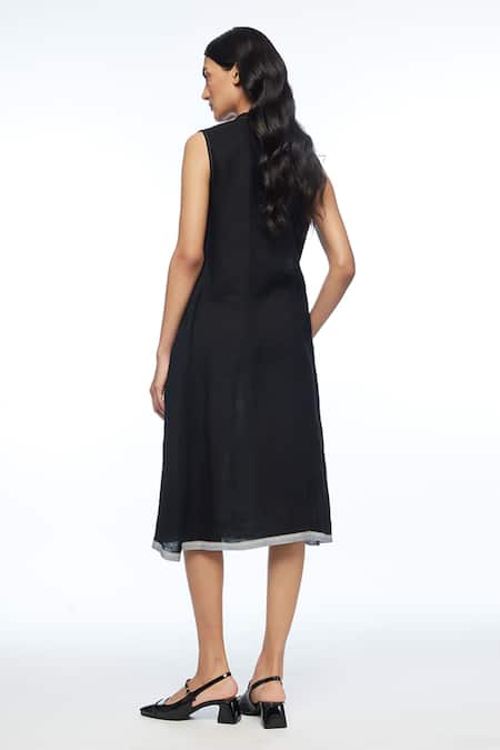 Shop Payal Pratap Black Linen Split V-neck Cymosa Yoke Pleated Midi Dress at Aza Fashions Shop_Payal Pratap_Black Linen Split V-neck Cymosa Yoke Pleated Midi Dress _at_Aza_Fashions