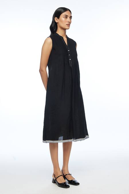 Payal Pratap Black Linen Split V-neck Cymosa Yoke Pleated Midi Dress Online at Aza Fashions Payal Pratap_Black Linen Split V-neck Cymosa Yoke Pleated Midi Dress _Online_at_Aza_Fashions