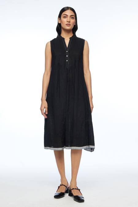 Buy Payal Pratap Black Linen Split V-neck Cymosa Yoke Pleated Midi Dress Online at Aza Fashions Buy_Payal Pratap_Black Linen Split V-neck Cymosa Yoke Pleated Midi Dress _Online_at_Aza_Fashions